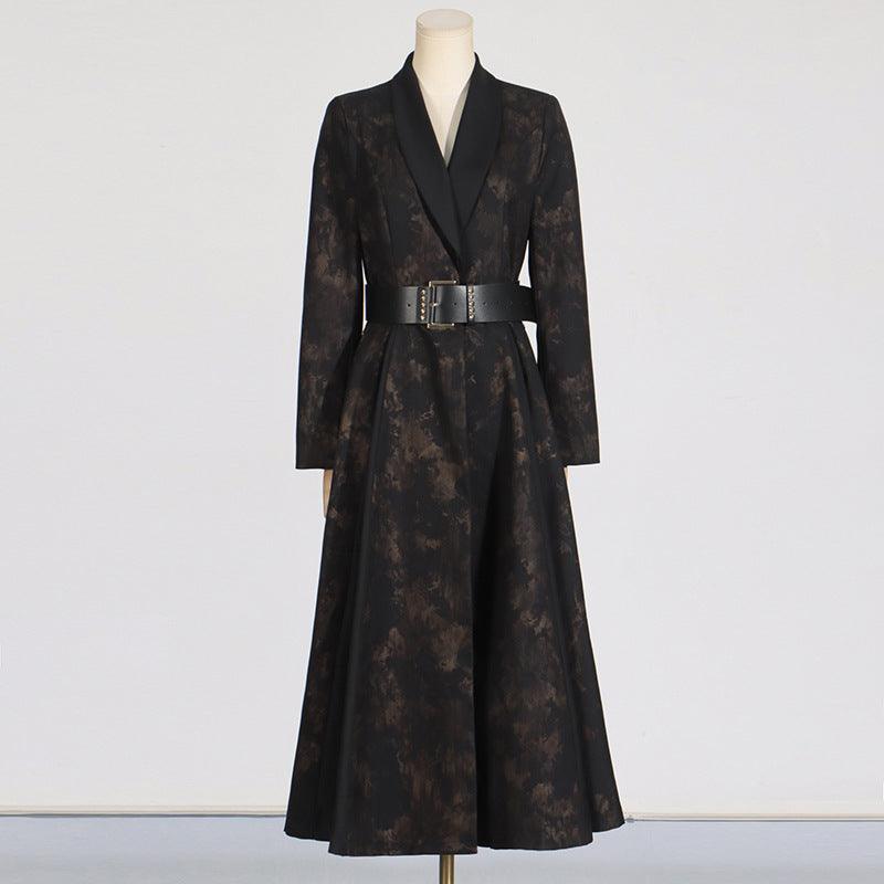 Women’s v-neck leather trench coat with belt, long sleeves, black
