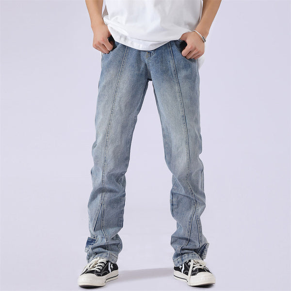 Solid Colour Patchwork Straight-leg Jeans For Men - WOMONA.COM