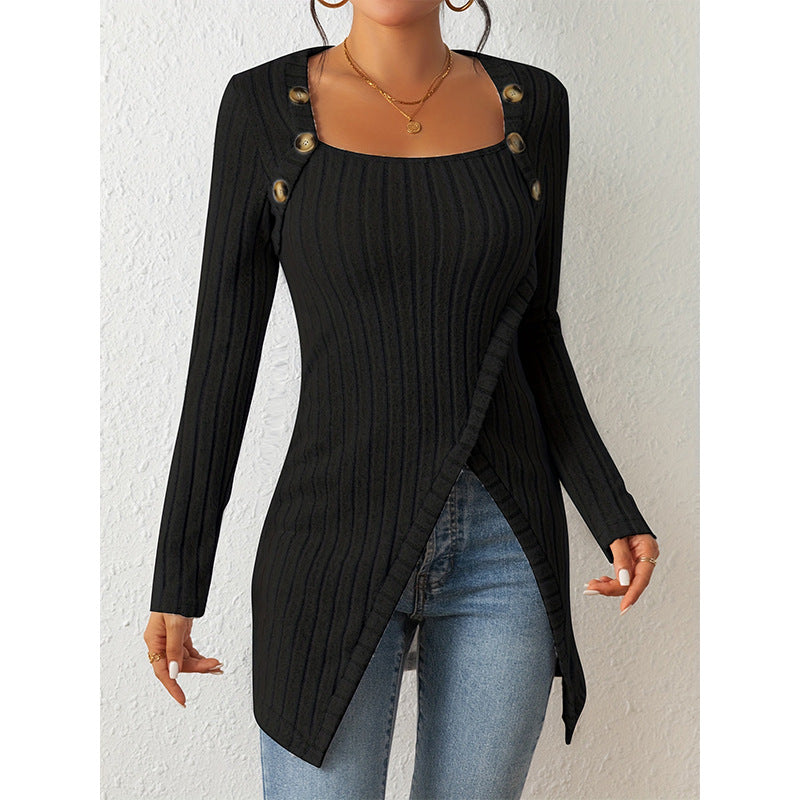 Woman Square-neck Off-shoulder Slit Sweater - WOMONA.COM