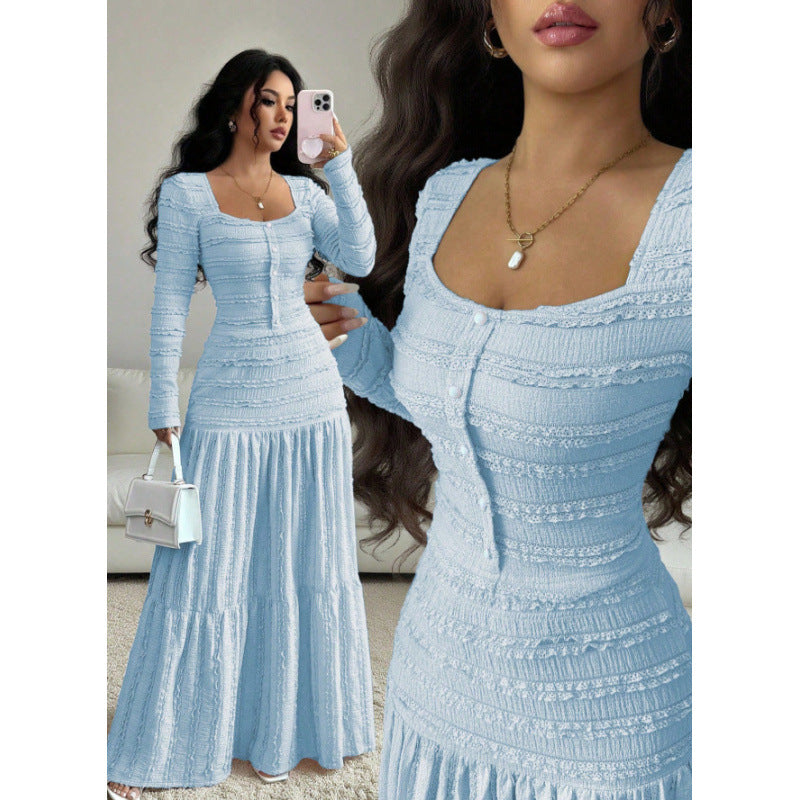 Square-Neck Smocked Long-Sleeve Maxi Dress — blue smocked dress color option