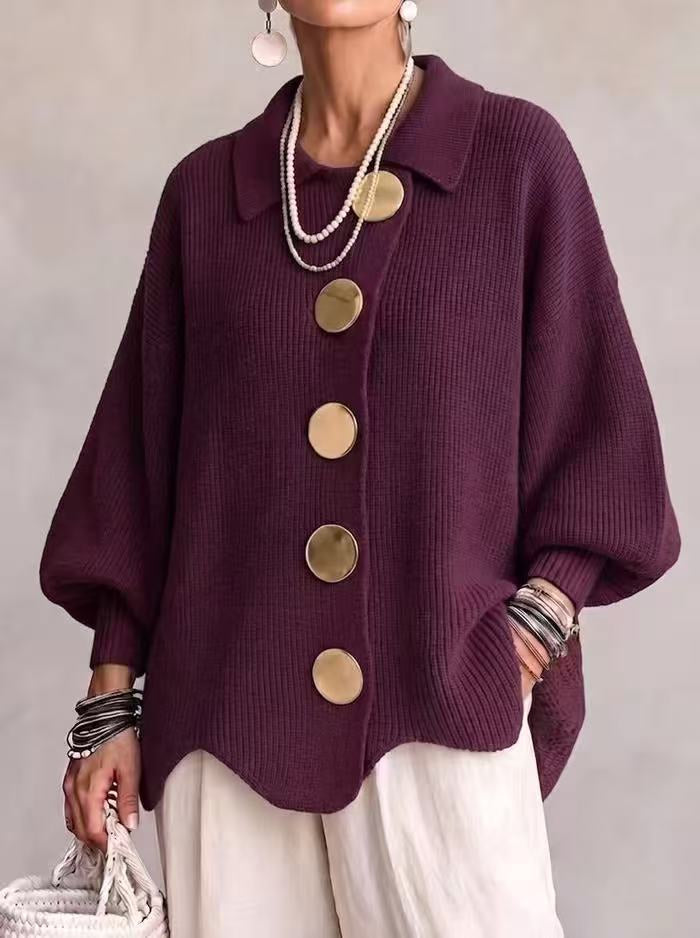 Women's lapel button-detail knit top
