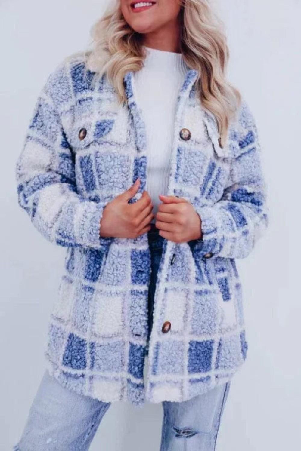 Women’s blue and white plaid warm jacket with polo collar and button front
