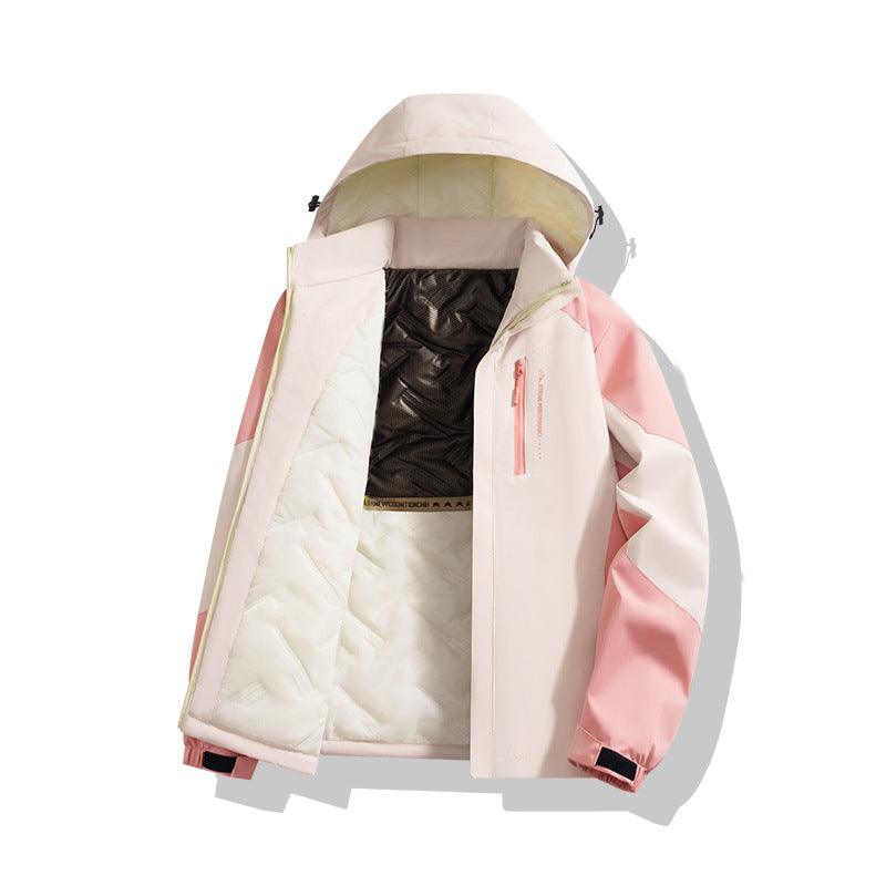 Light cream padded coat with hood, zip front, insulated lining, and pink-trim side panels