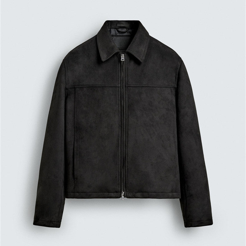 Mens suede-textured jacket, black, front zip with stand collar and flap pockets