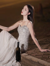 High-end Elegant Silver Sequined Fishtail Evening Dress - WOMONA.COM