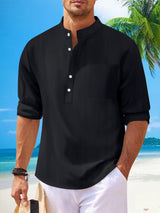 Men's Cotton And Linen Stand Collar Long Sleeve Shirt - WOMONA.COM