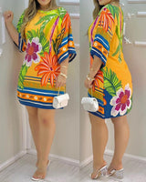 Women's Round-neck Tropical Printing Half-sleeved Casual Dress - WOMONA.COM