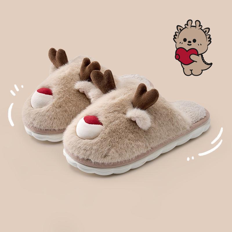 Cartoon plush slippers with elk face and antlers in light brown, cushioned slip-on design.