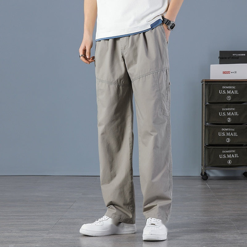 Light gray cargo pants with elastic waist and side cargo pockets