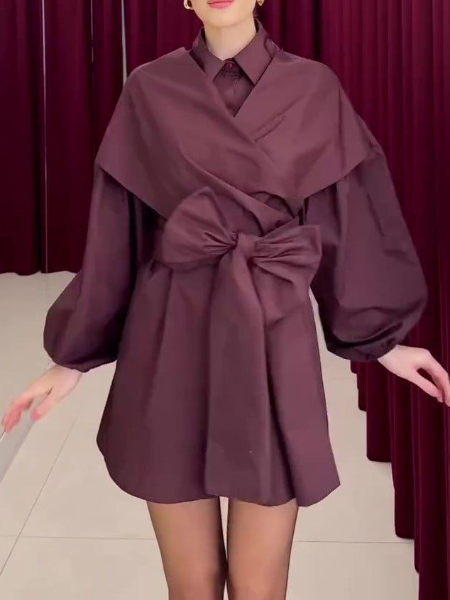 Women's Deep Magenta Wrap Puff-Sleeve Shirt Dress - alternate product view 3