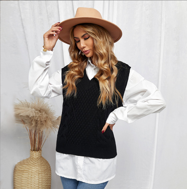 Casual Slim V-neck Pullover Sleeveless Sweater - WOMONA.COM