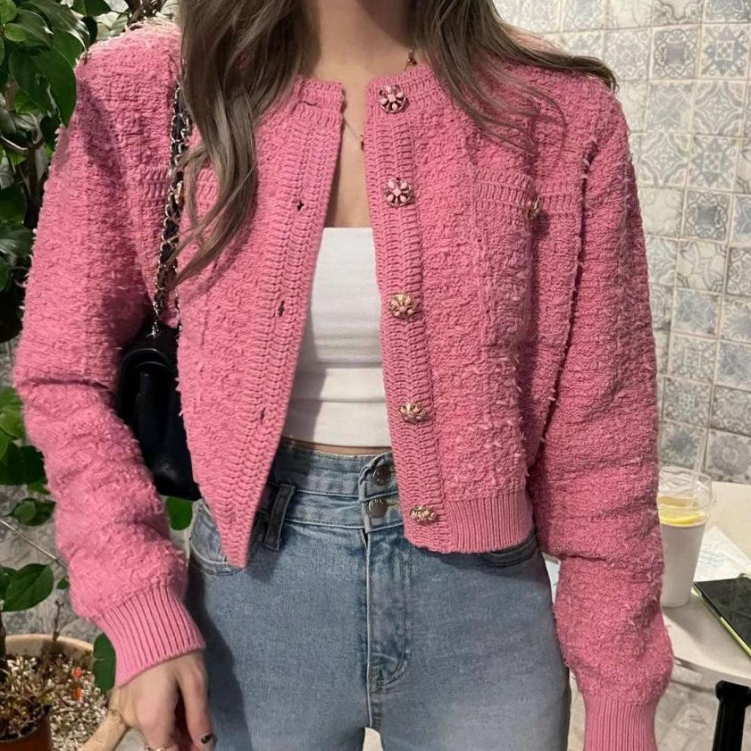 Women’s knitted round-neck cardigan in rose pink, button-front and long sleeves