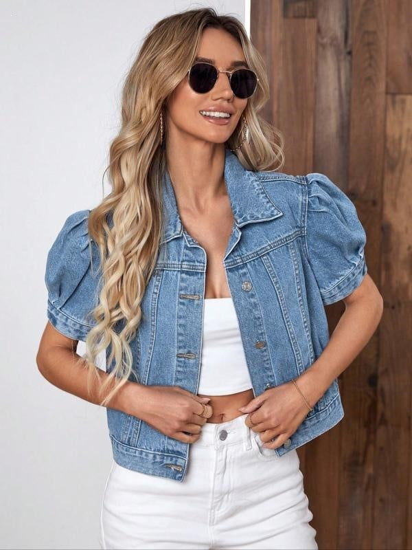 Women's Light-Wash Puff-Sleeve Denim Jacket, Blue - product view 6