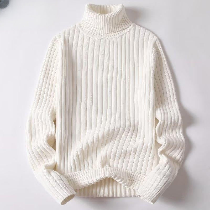 Men's white ribbed turtleneck sweater