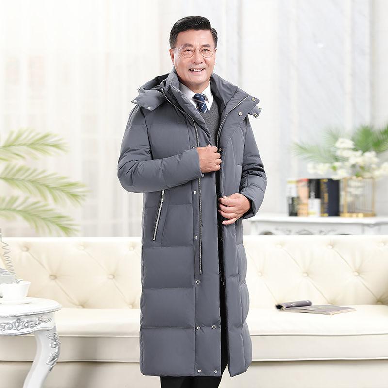 Men's hooded long down jacket, thickened gray with zip front and side pockets