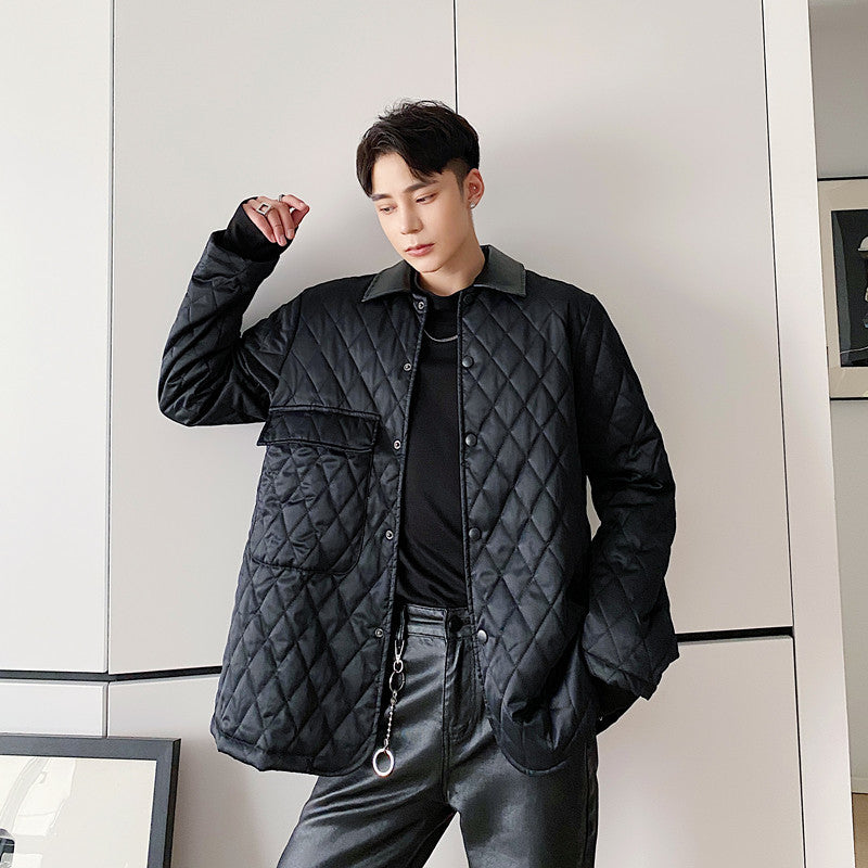 Argyle-patterned Leather Lapel Thin Cotton-padded Jacket - WOMONA.COM