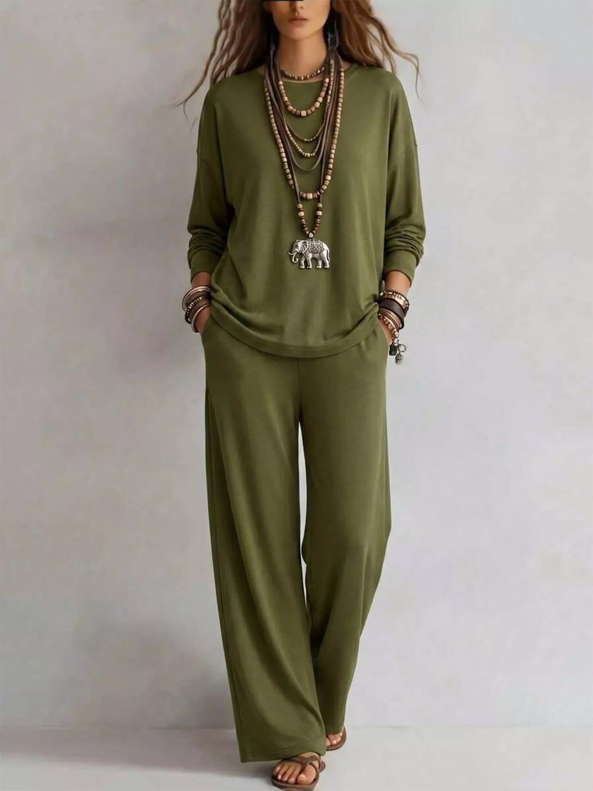 Women's Round Neck T-Shirt and Wide-Leg Pants Set