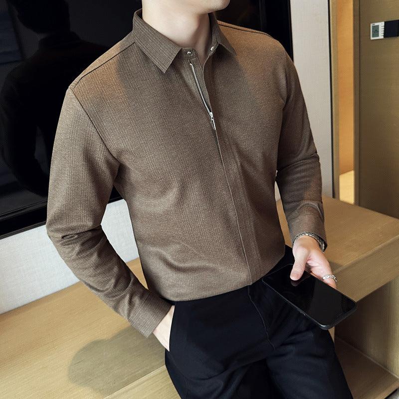 Elastic Slim Fit Striped Long Sleeve Shirt - WOMONA.COM