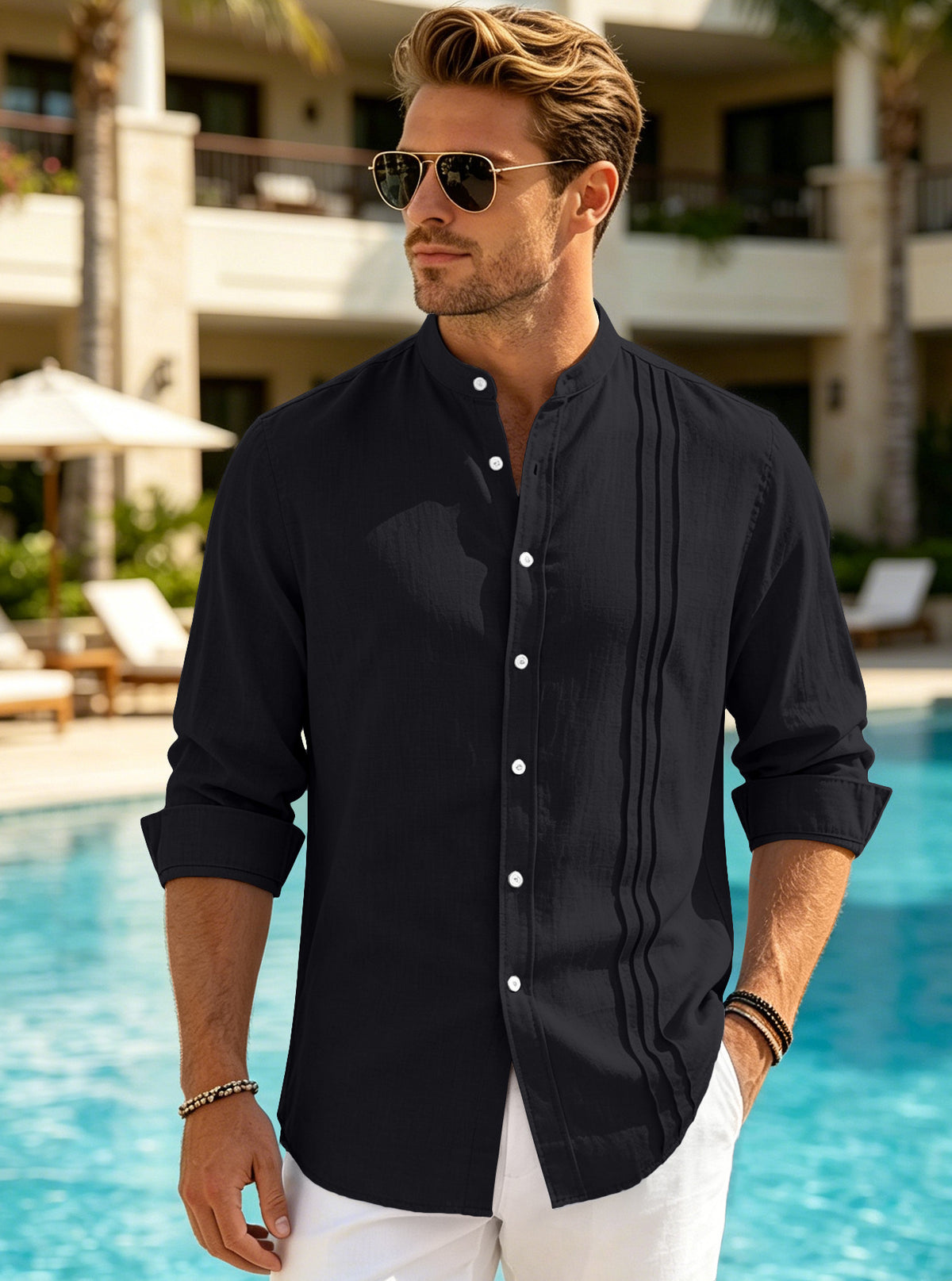 Black men's long-sleeve stand-collar cardigan with button-front placket and vertical seam details