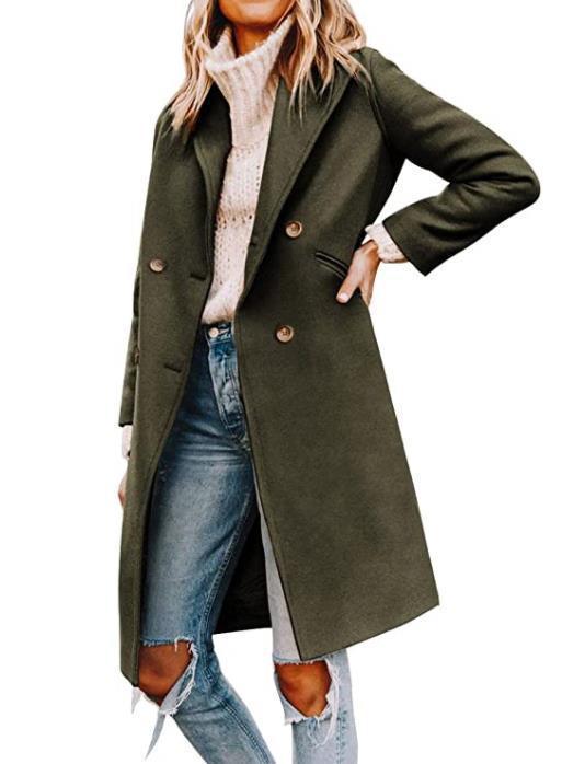 Green mid-length wool coat with notched lapels, double-breasted buttons, flap pockets