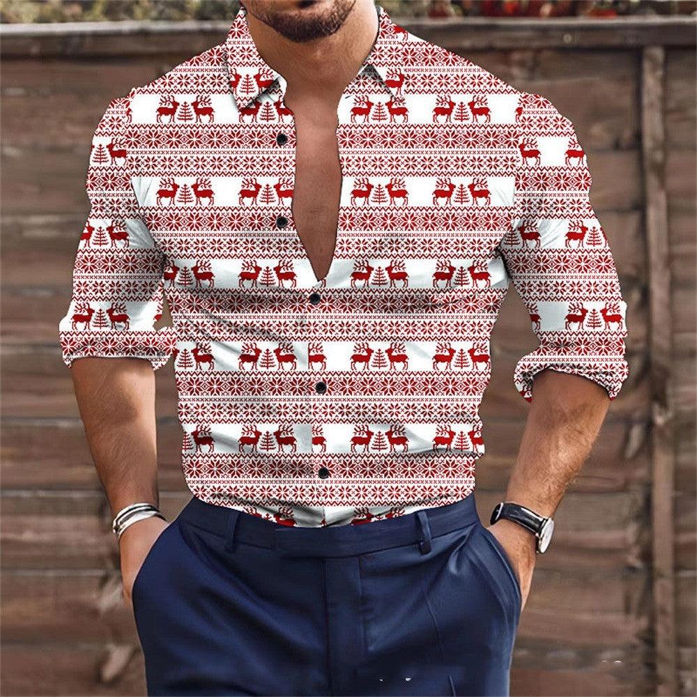 Youth lapels casual shirt with red-and-white festive pattern and button-down placket