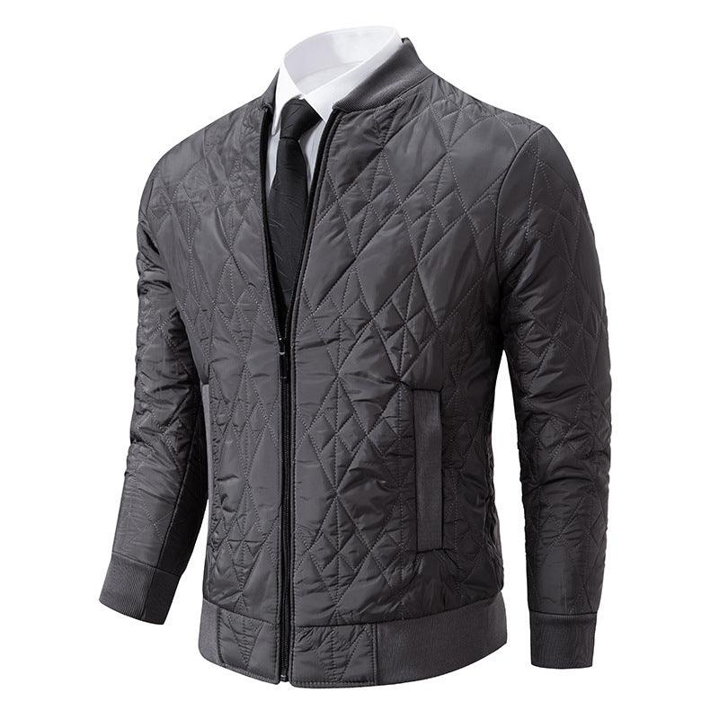 Men’s quilted full-zip jacket with stand collar, dark gray exterior, front view.