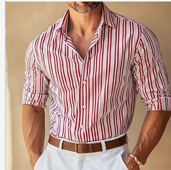 Men's slim-fit button-up shirt with vertical pink-and-white stripes, cuffed sleeves