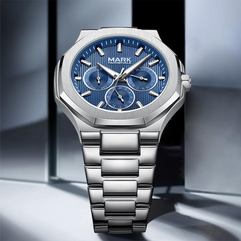 Men's silver analog quartz watch with blue multi-dial face and metal bracelet