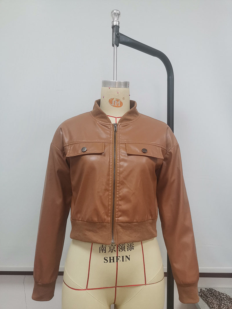 Casual Short Long-sleeved Solid Color Leather Jacket - WOMONA.COM