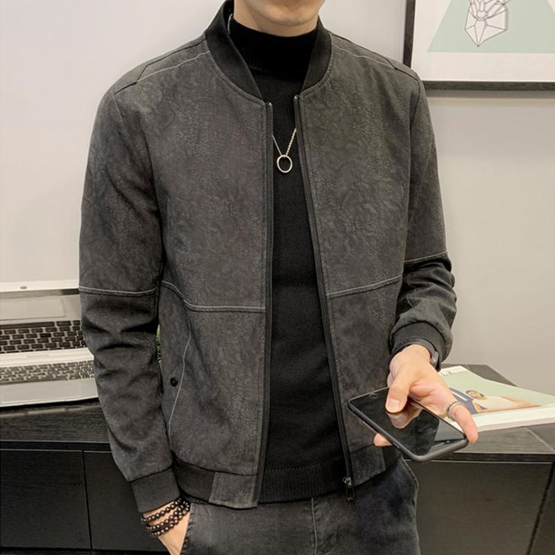 Gray zip-up jacket with stand collar, front pockets, and ring zipper pull