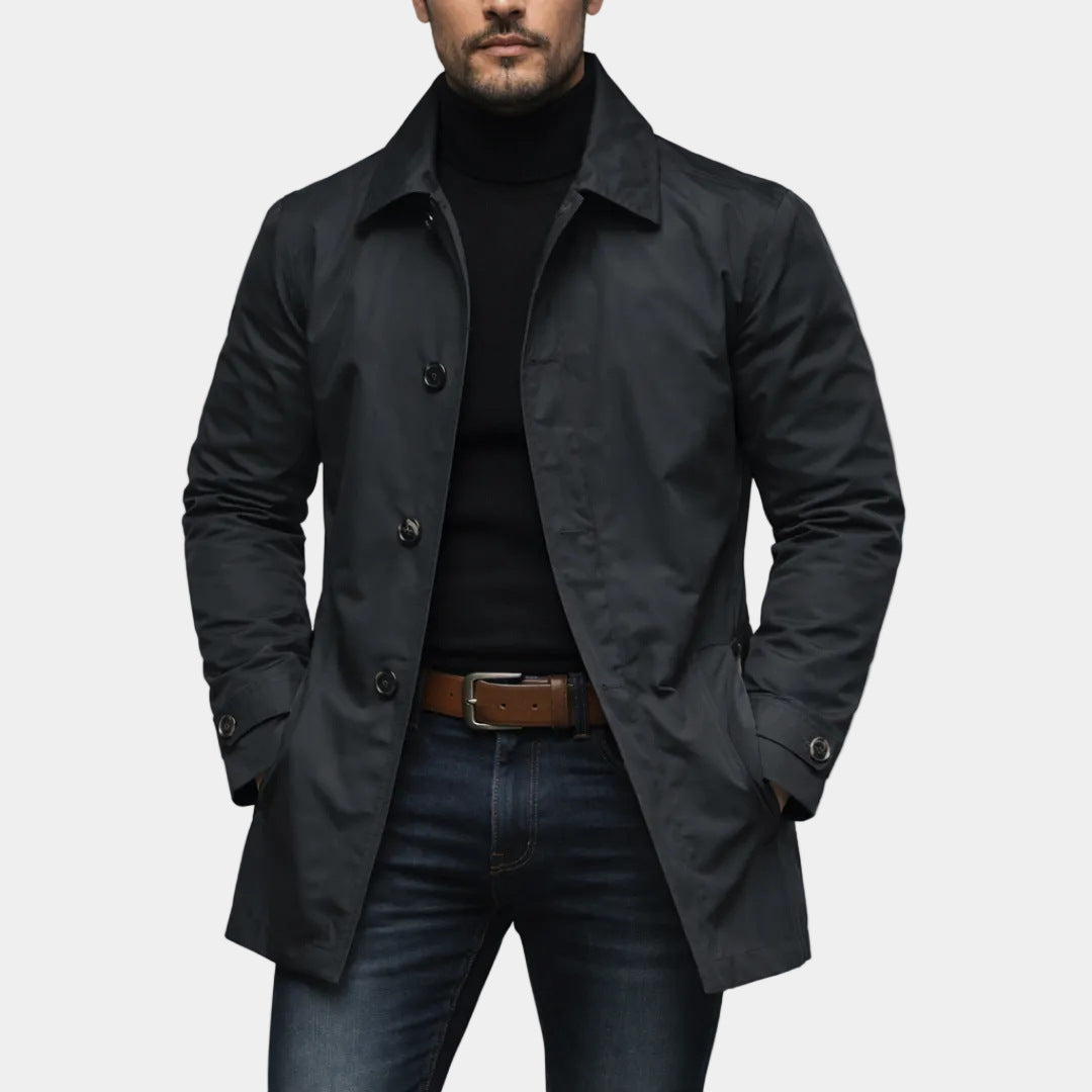 Men's black waterproof trench coat with button front and collar