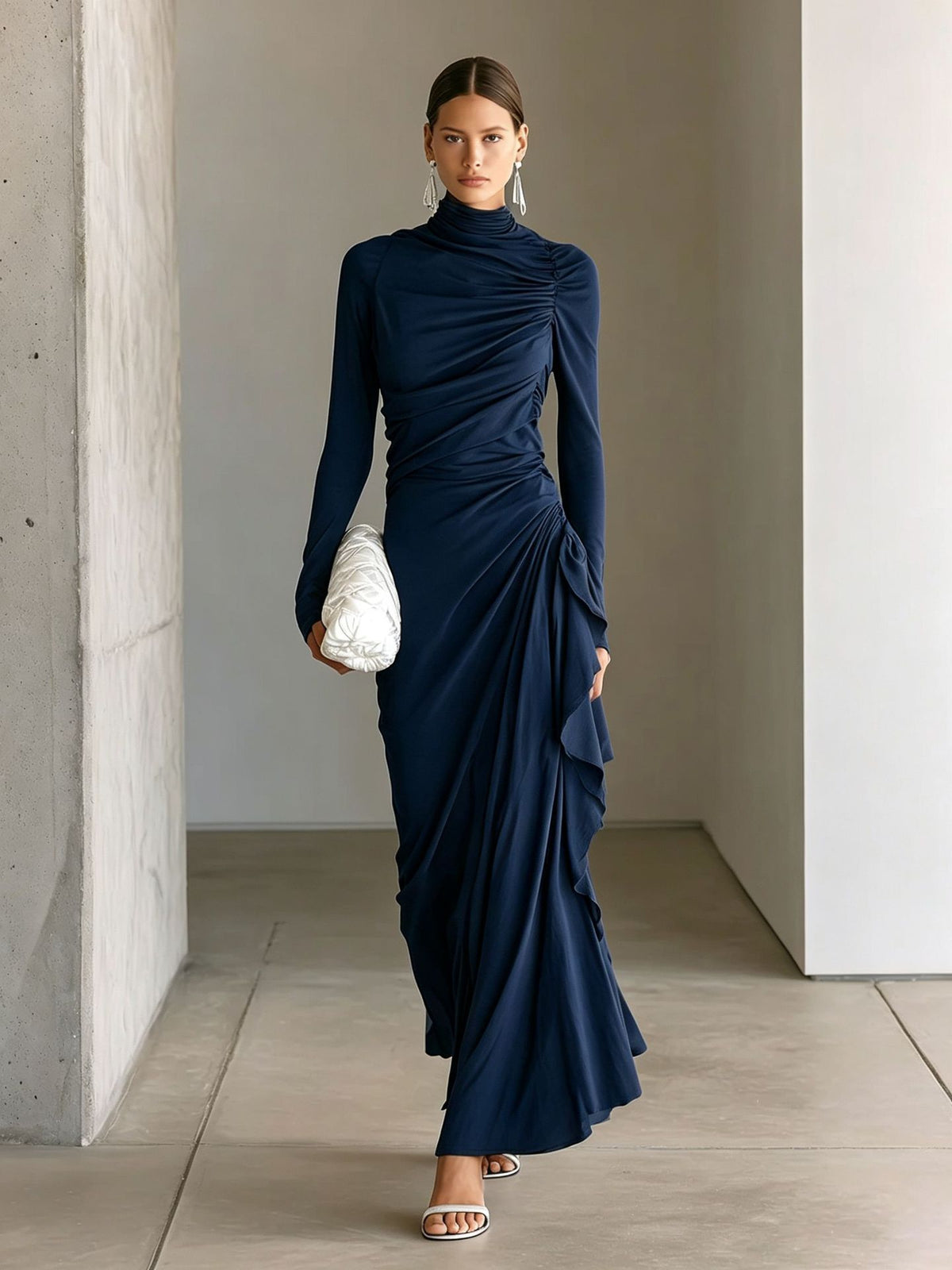 High-neck pleated slim-fit long-sleeve dress in navy blue with draped side ruffle