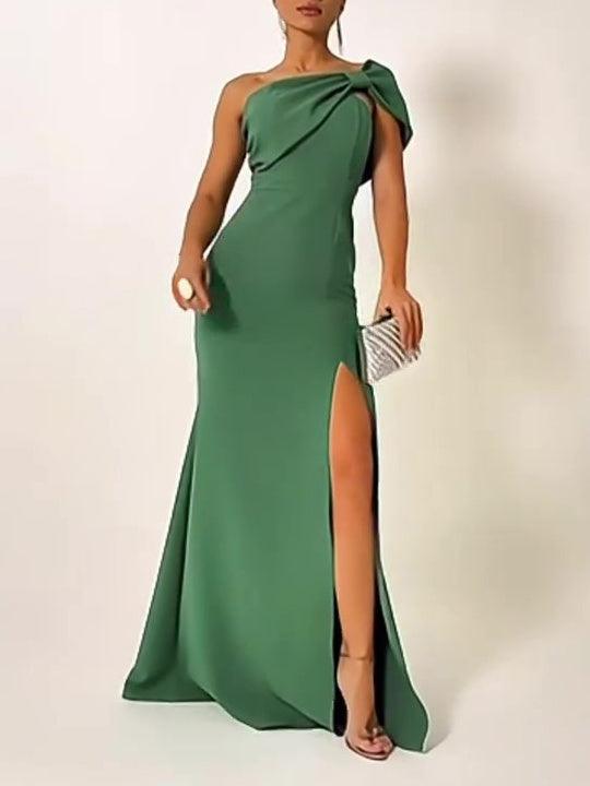 Green one-shoulder tube dress with draped bow detail and high front slit
