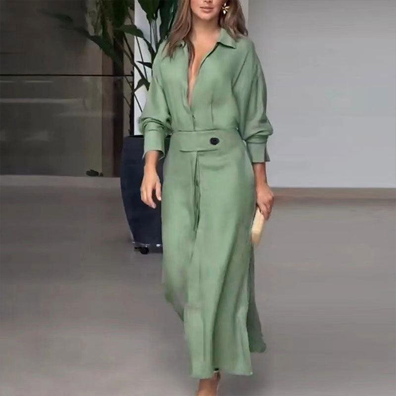 Green high-waist long-sleeve shirt dress with front buttons, belt, and side pockets