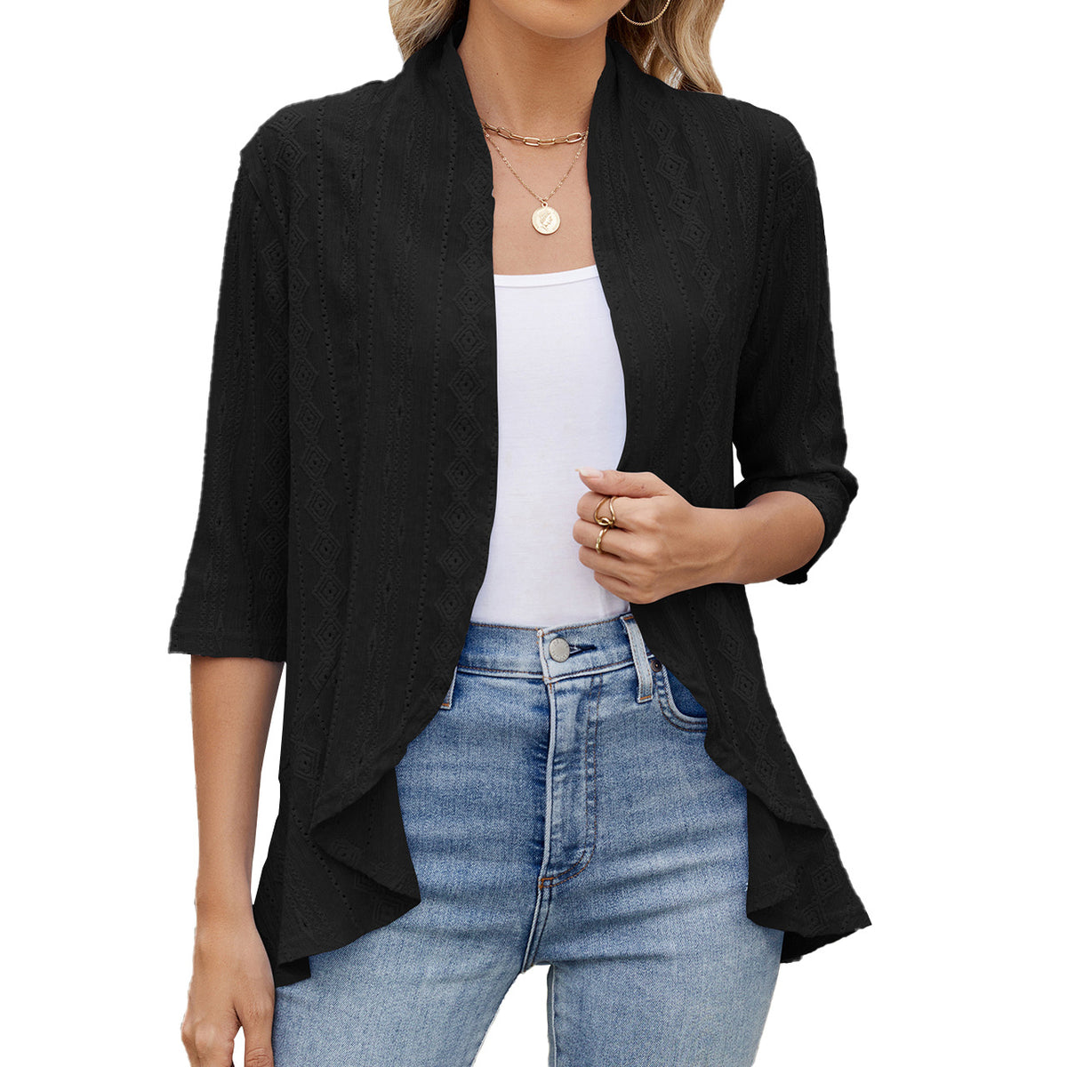 Women’s black open-front cardigan with textured eyelet knit, draped front and 3/4 sleeves