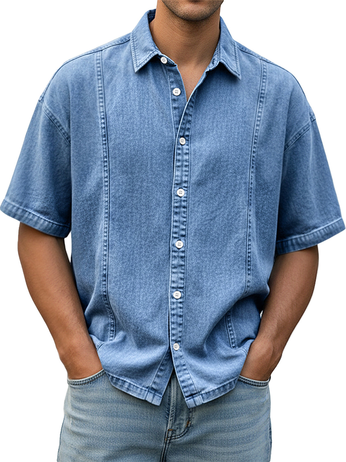 Men's short-sleeve button-up shirt, light blue wash with white buttons