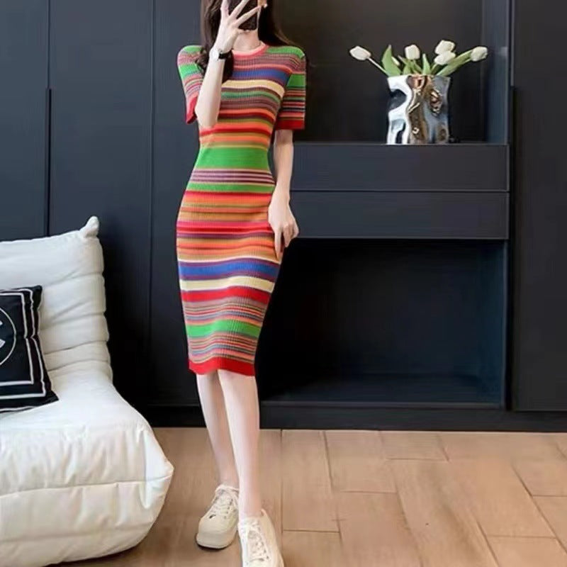 Women's Fashion Temperament Striped Knitted Dress - WOMONA.COM