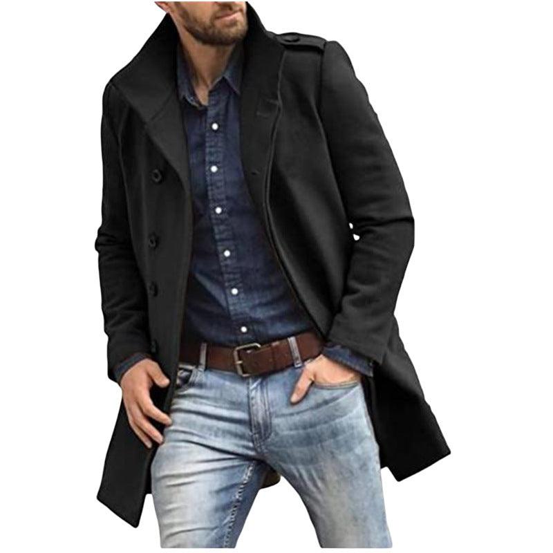 Men's thick long winter coat, black, double-breasted button front