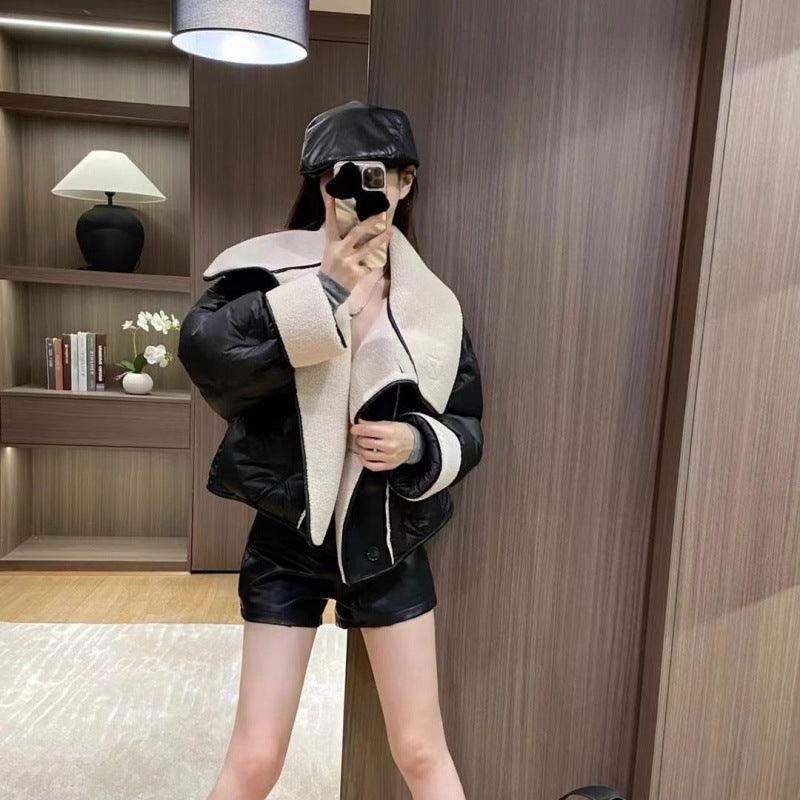 PU Stitching Loose Thick New Down Jacket - WOMONA.COM