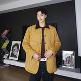 Argyle-patterned Leather Lapel Thin Cotton-padded Jacket - WOMONA.COM