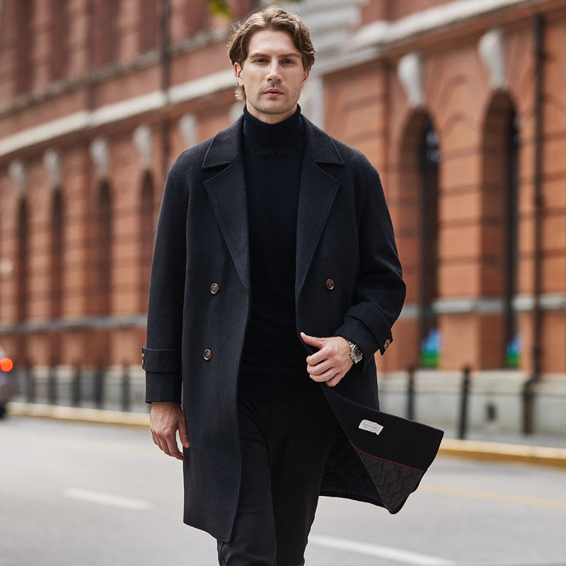 Men's black double-breasted mid-length wool windbreaker jacket with notch lapels