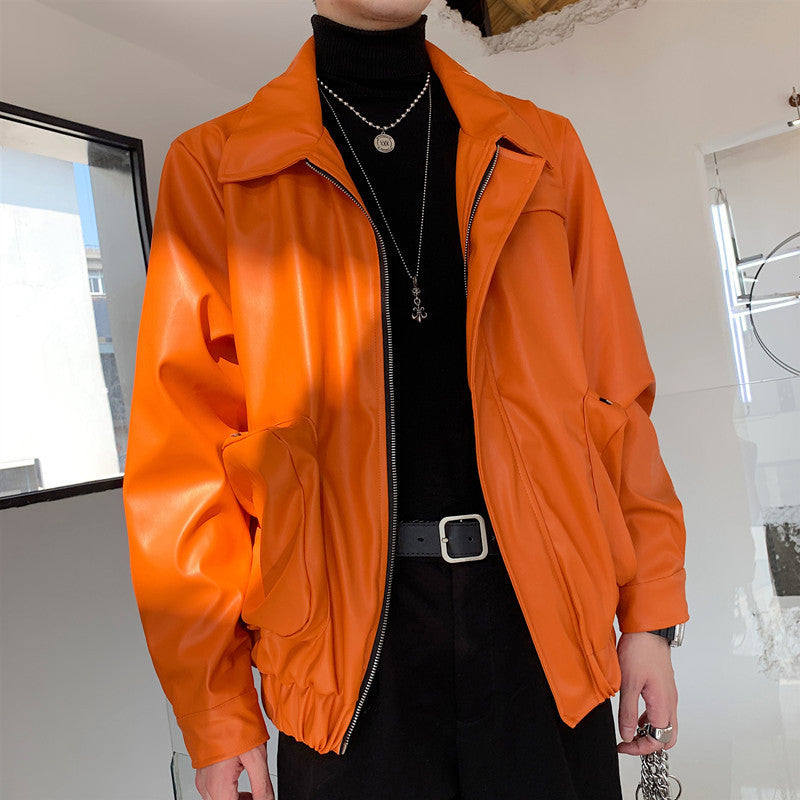 Orange Leather Jacket Men's - WOMONA.COM