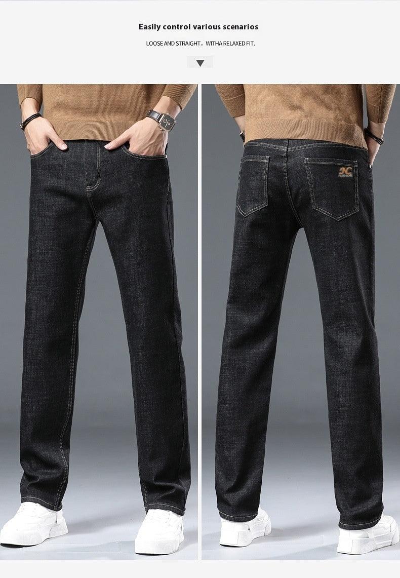 Men's winter fleece-lined thick jeans, dark denim straight fit, front view