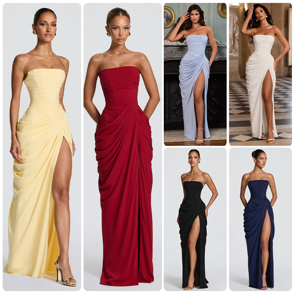 Women's Strapless Pleated Side-Slit Evening Dress – product view 1 | WOMONA