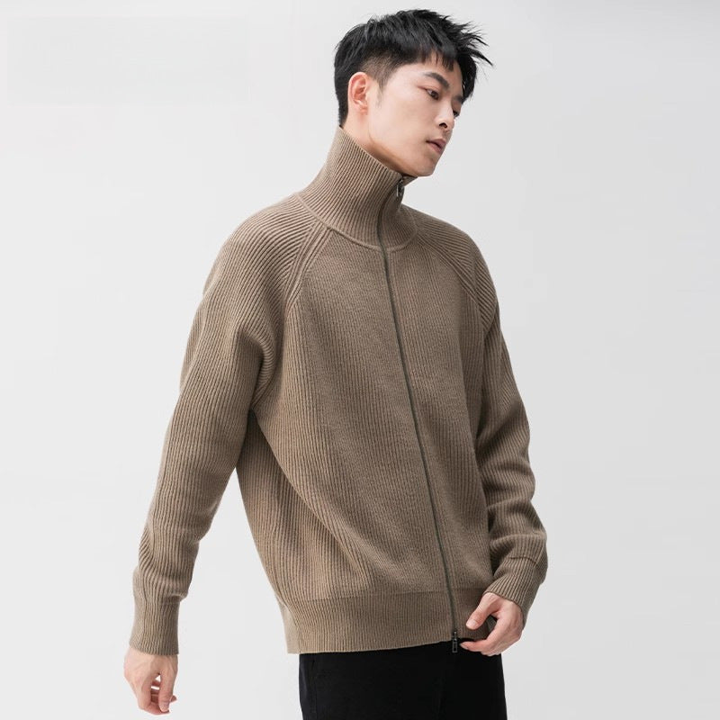 Men's Relaxed High-Neck Zip Cardigan, Gray Green - product view 1