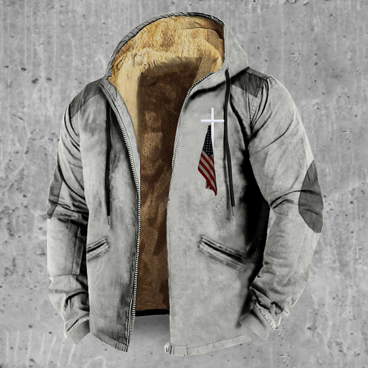 Gray hooded padded zip jacket with tan inner lining, long sleeves, and zip hand pockets