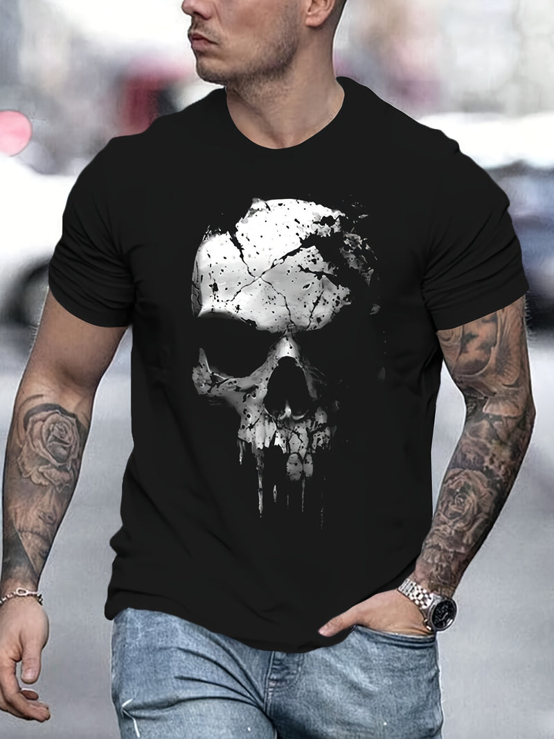 Ein neuartiges und cooles Oberteil für Männer zum Tragen im Freien im Sommer, mit einem 3D-Digitalmuster mit zerschmettertem Totenkopf und einem kurzärmeligen T-Shirt mit Rundhalsausschnitt