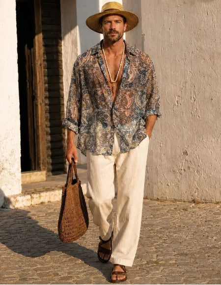 Men's short-sleeve paisley mosaic resort shirt, blue and tan print, open collar and buttons.