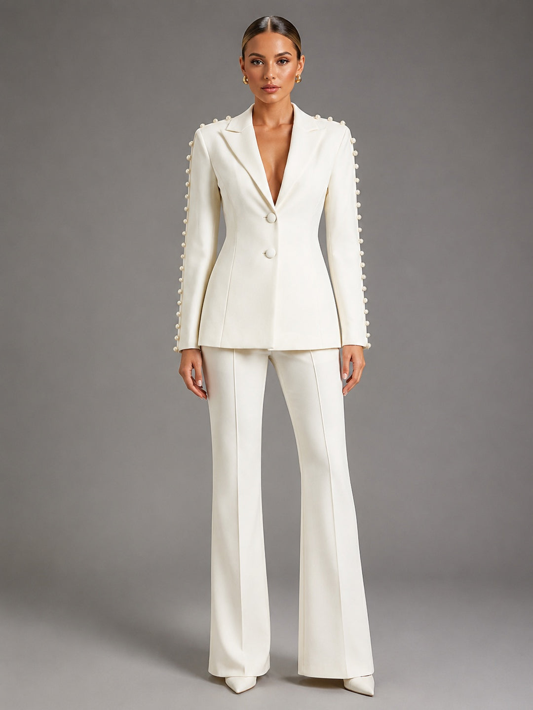 Women's Pearl-Embellished Blazer & Flared Trousers Set