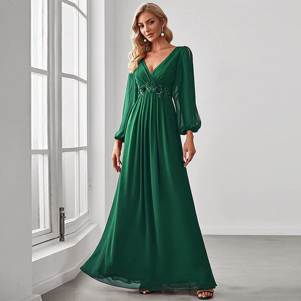 Temperament Pure Color V-neck Evening Dress - WOMONA.COM